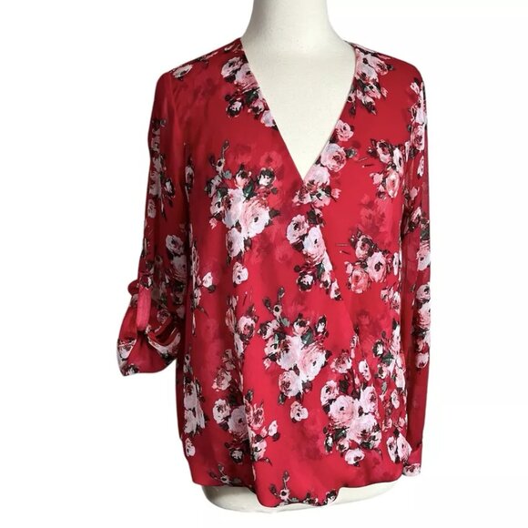 KUT From The Kloth Shirt Top L Roll Tab Sheer Colorful Floral Red Faux Wrap - Picture 2 of 8